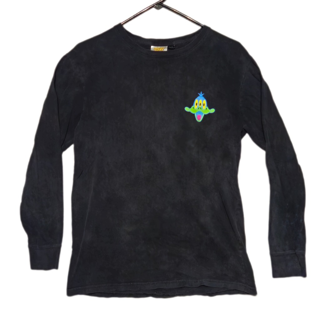 Looney Tunes Mens Small Black Looney Records Trippy Daffy Duck Long Sleeve Shirt